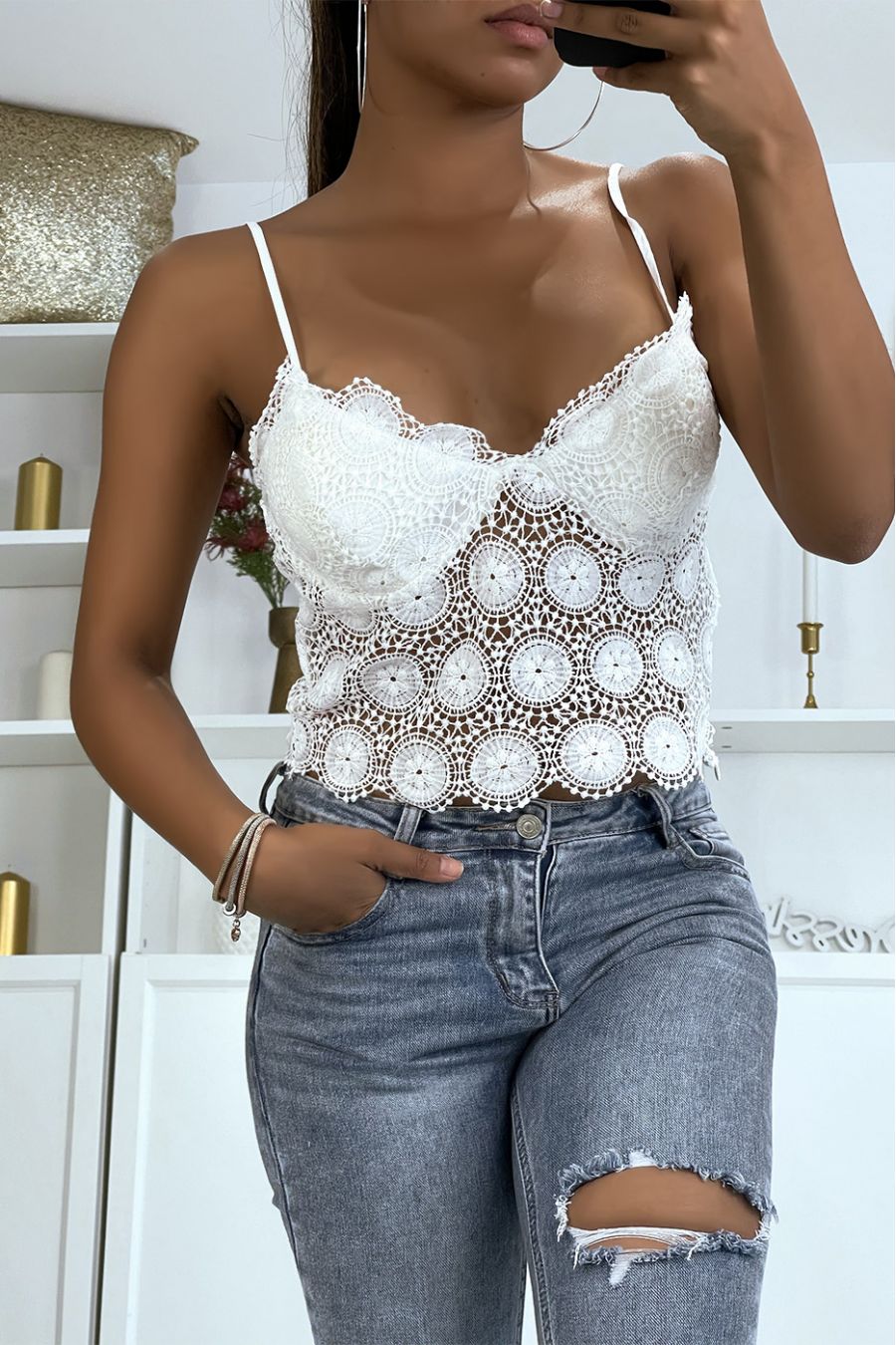 Witte kanten tanktop met afneembare bandjes - 1