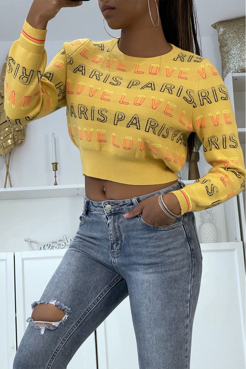 Short mustard jumper with PARIS LOVE inscription - 1