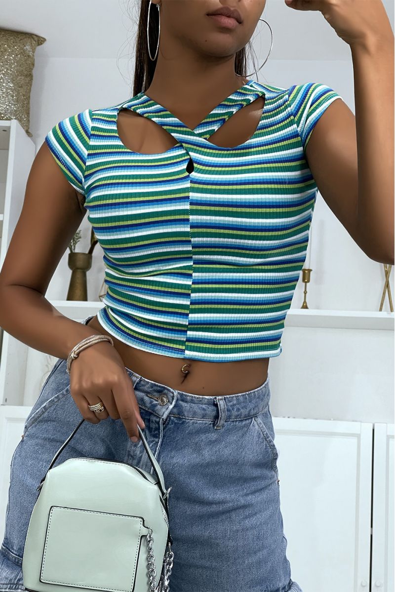 Multicolored bluish green top crossed at the bust - 2