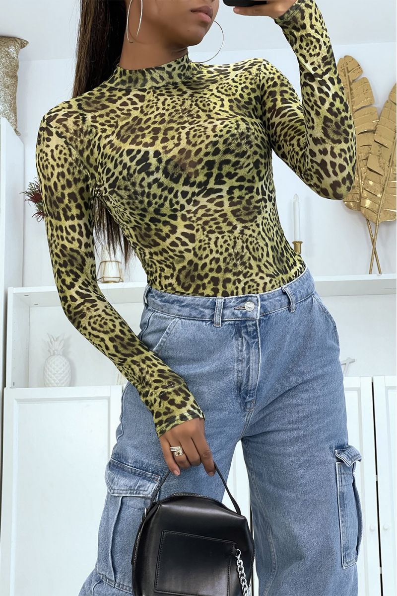 Neongroene bodysuit van mesh met hoge hals en luipaardprint - 7