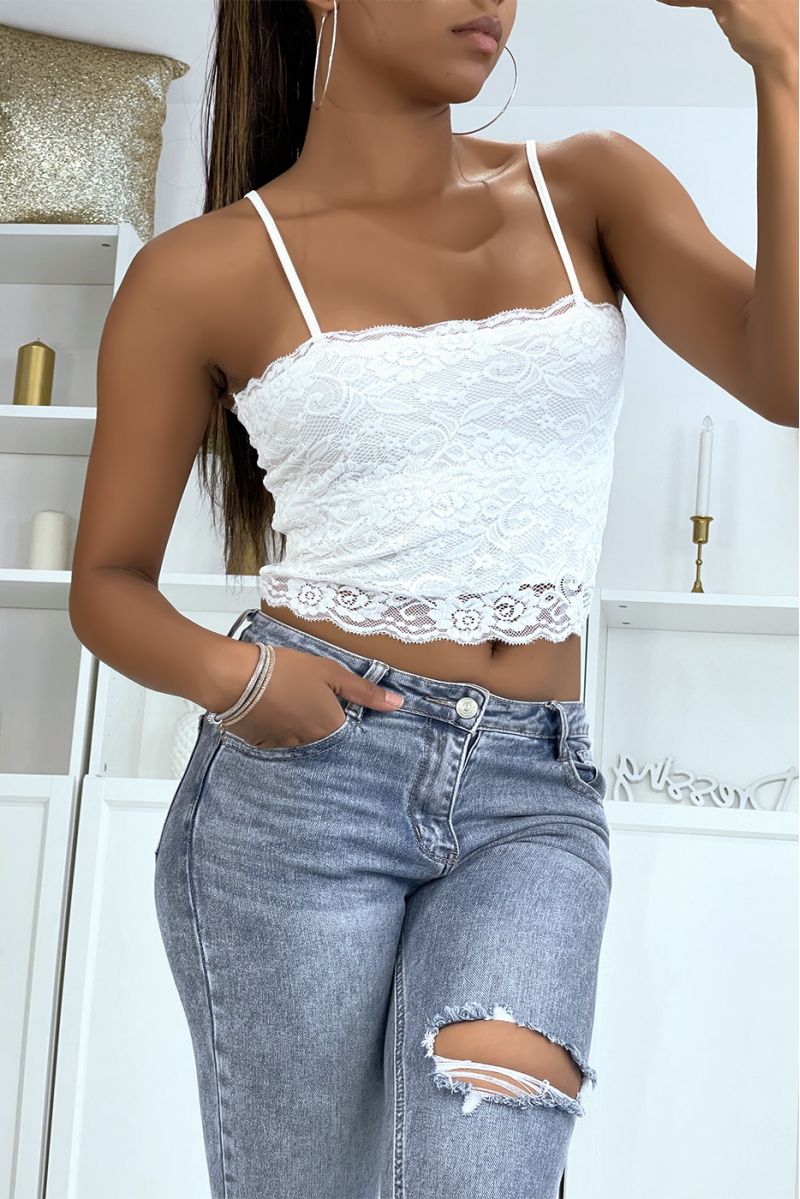 White lined lace tank top with removable strap - 3