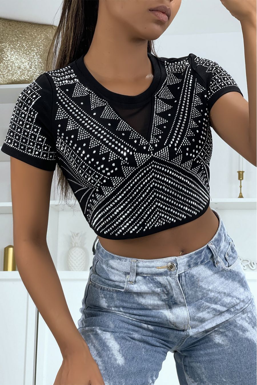 Zwart cropped T-shirt met korte mouwen met strass-steentjes, ronde hals - 1