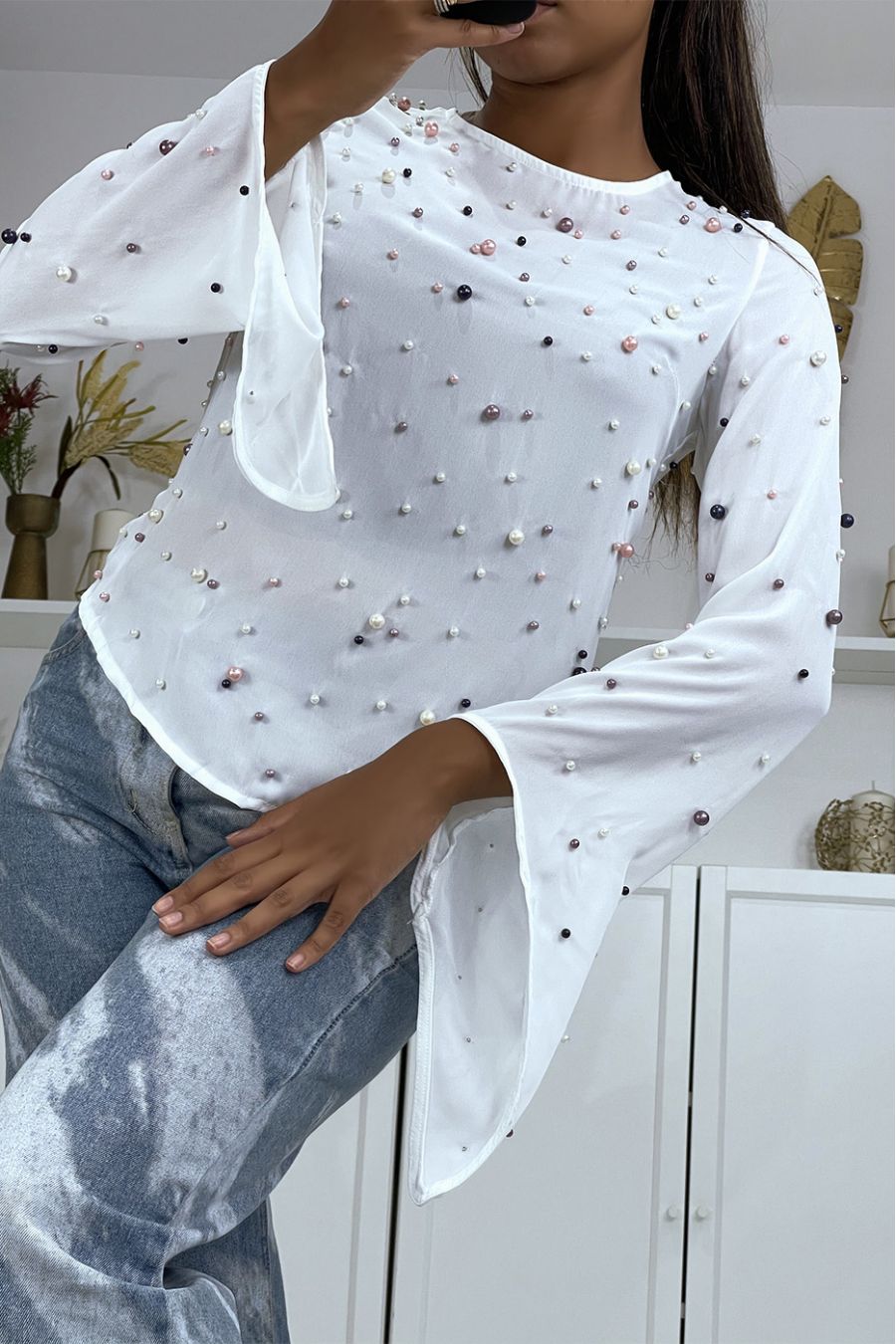 Fluid white beaded top - 3