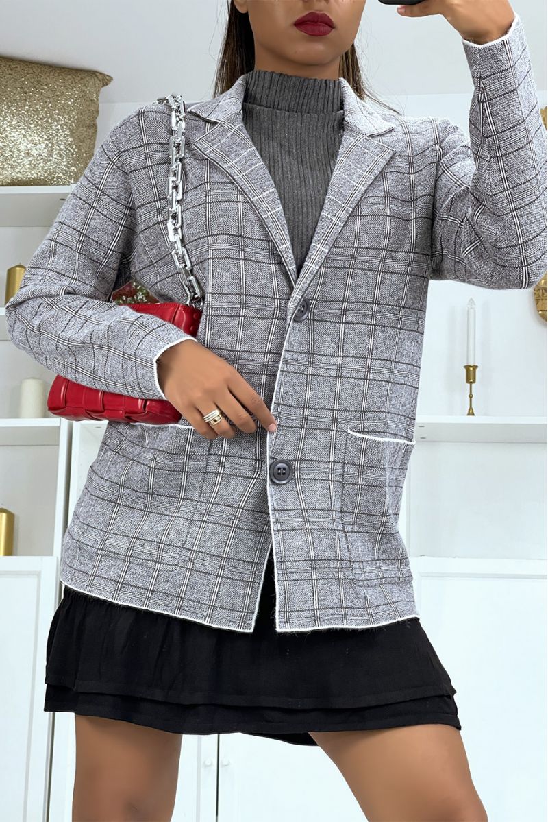 Gray cardigan with lapel collar and press studs - 2