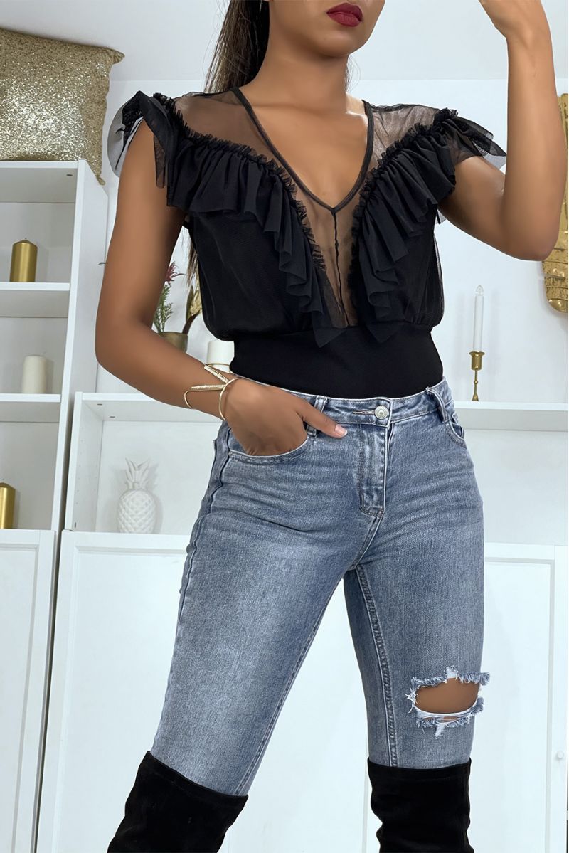 Black bodysuit with transparent bust and ruffle - 1