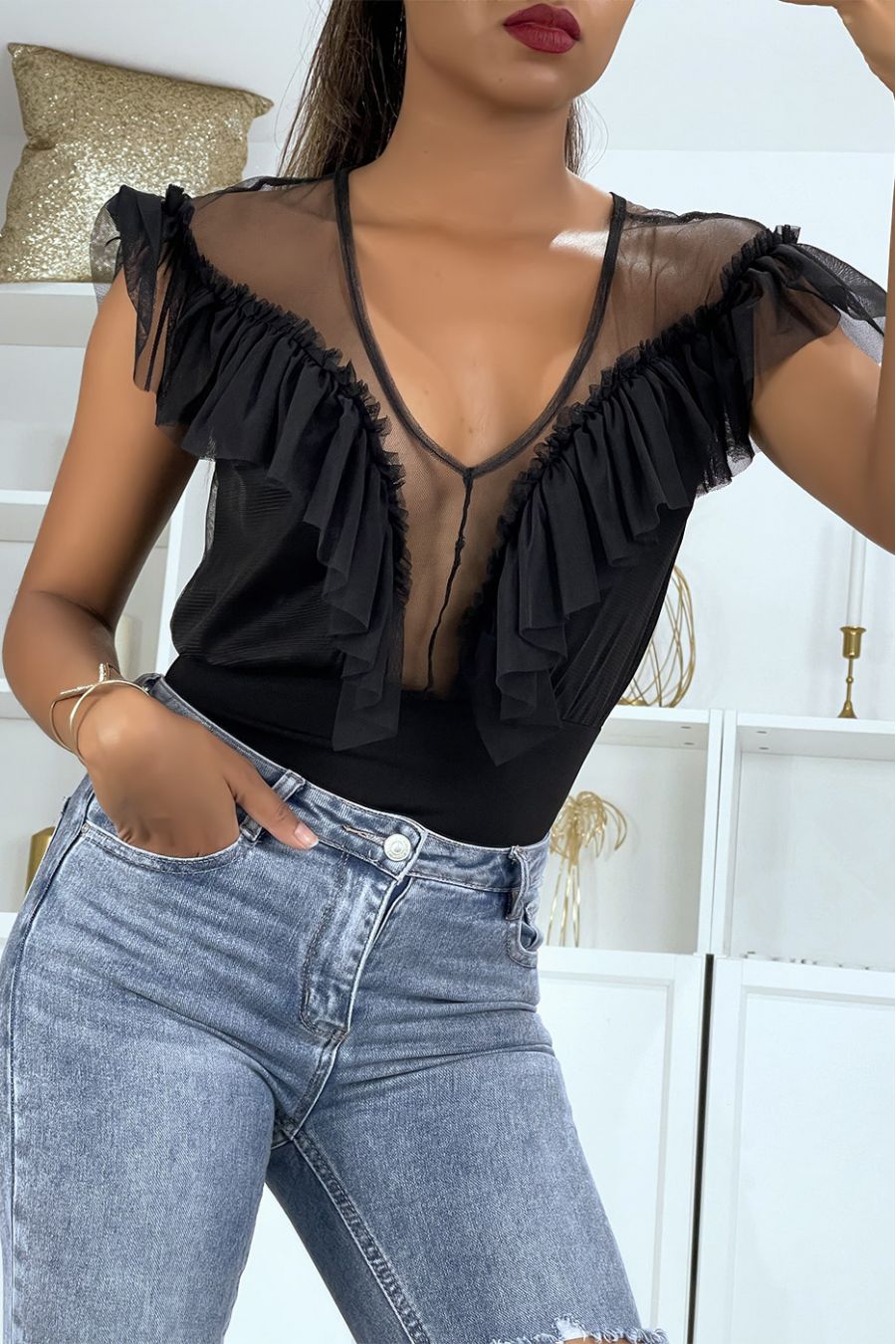 Zwarte bodysuit met transparante buste en ruche - 2
