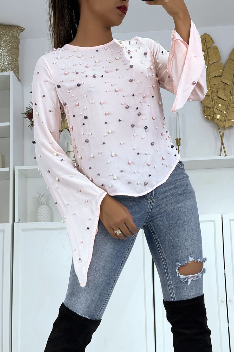 Fluid pink beaded top - 1