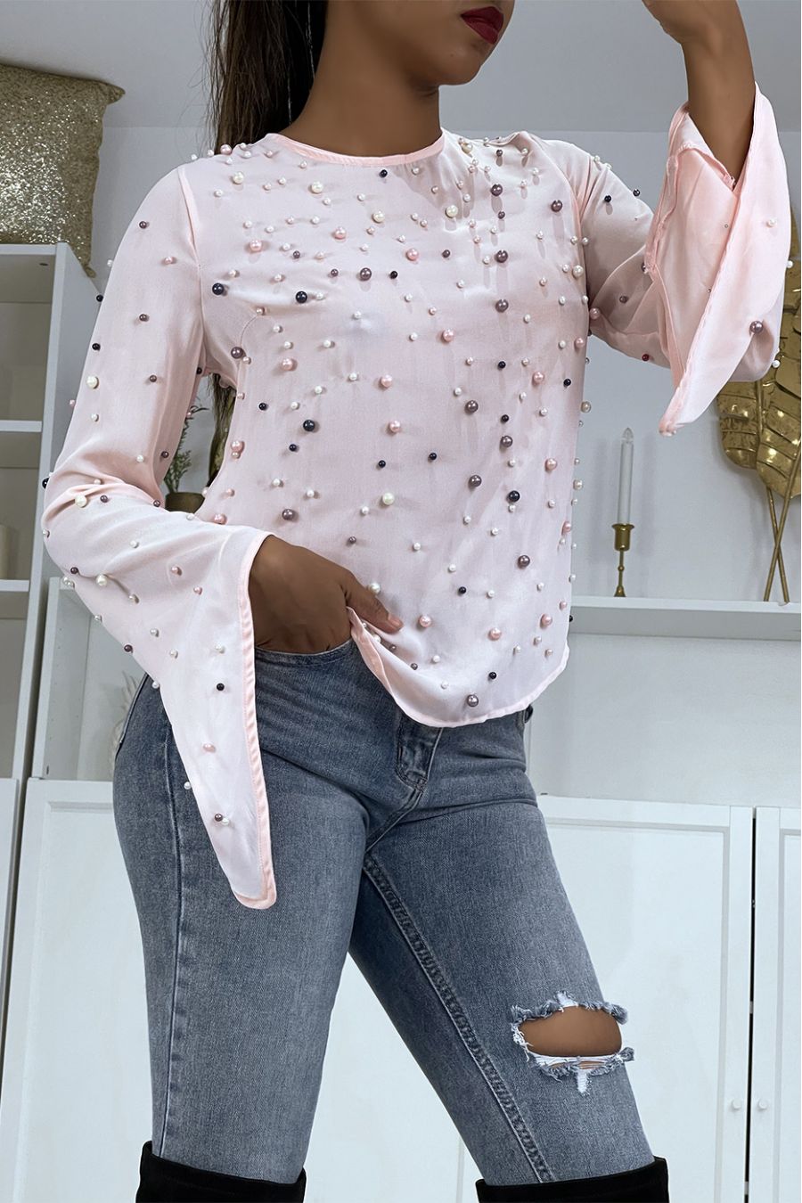 Vloeiende roze top met kralen - 2