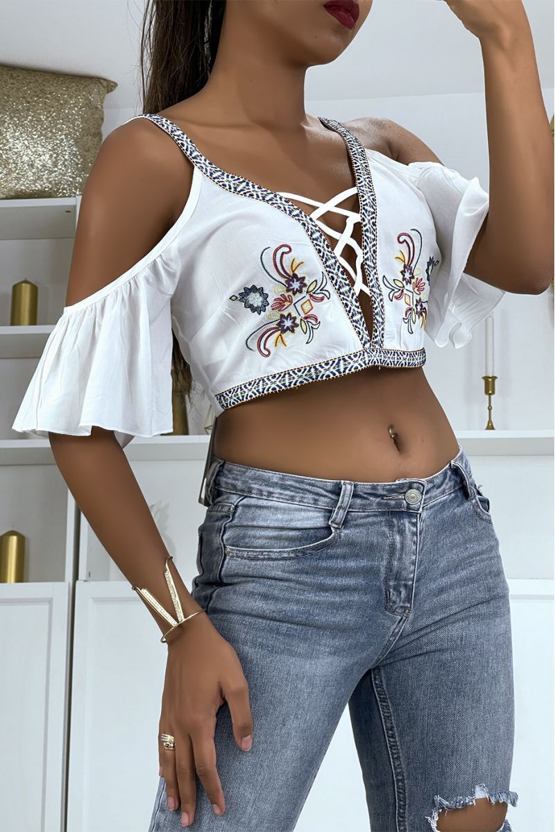 White top off the shoulders backless with embroidery - 4