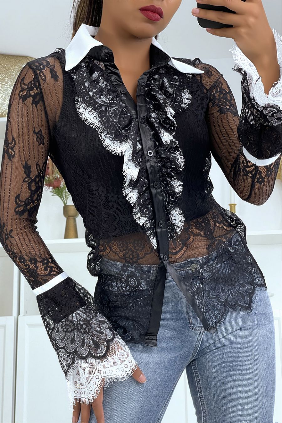 Black lace shirt with white collar and flounce. shirt for women