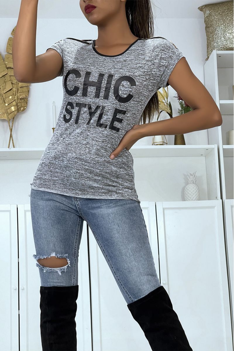 Gray t-shirt with details, faux leather and writing - 1