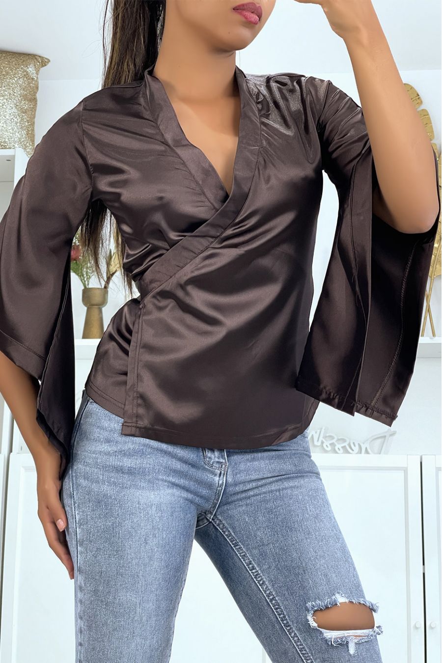 Satin brown wrap-around blouse with trapeze sleeves. Chic blouse. 20 - 2