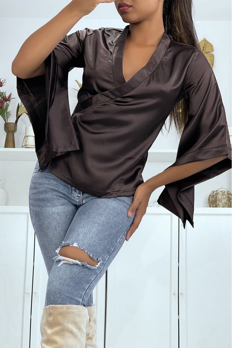 Satin brown wrap-around blouse with trapeze sleeves. Chic blouse. 20