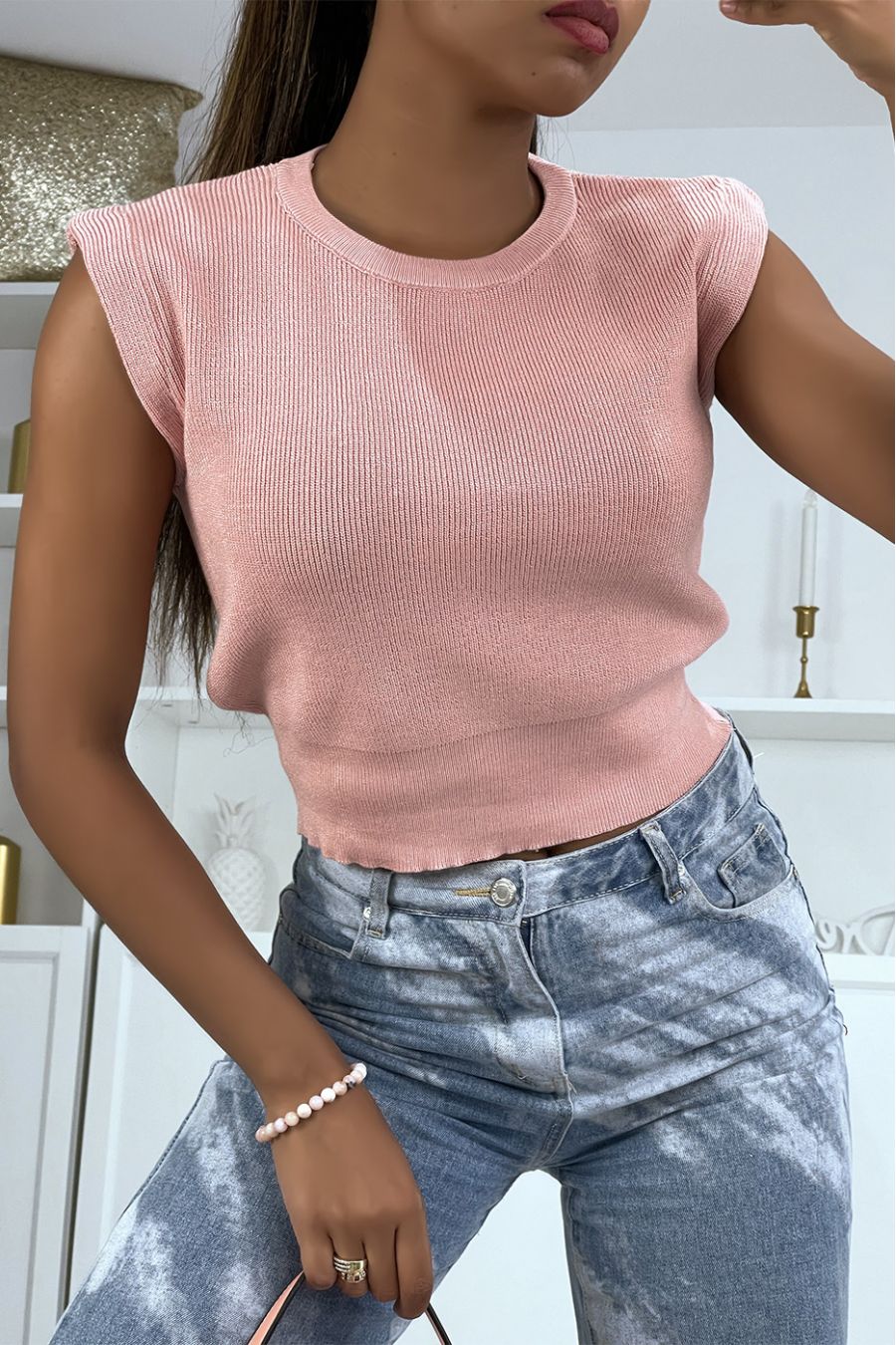 Pink round neck sleeveless cropped sweater - 2