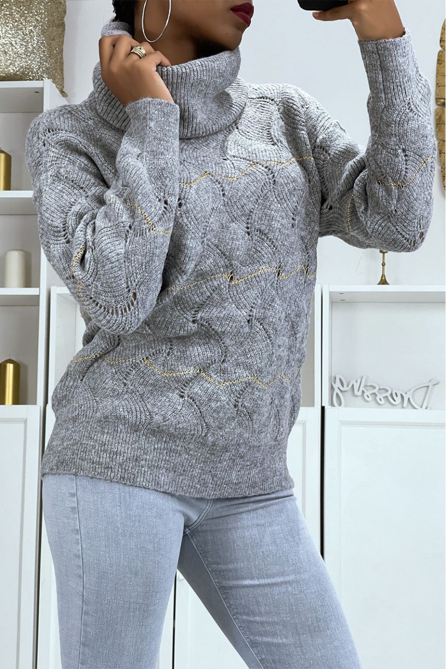 Gray thick turtleneck sweater with openwork details and sequins - 1