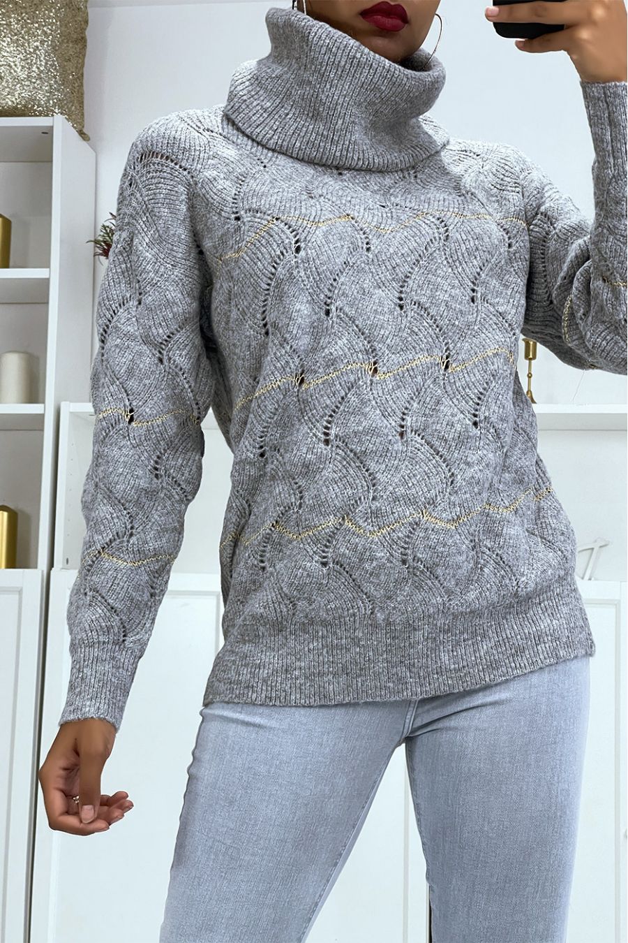Gray thick turtleneck sweater with openwork details and sequins - 2