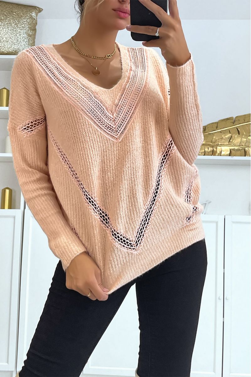 V-hals trui in oversized roze met kant in een mooie zachte stof - 3