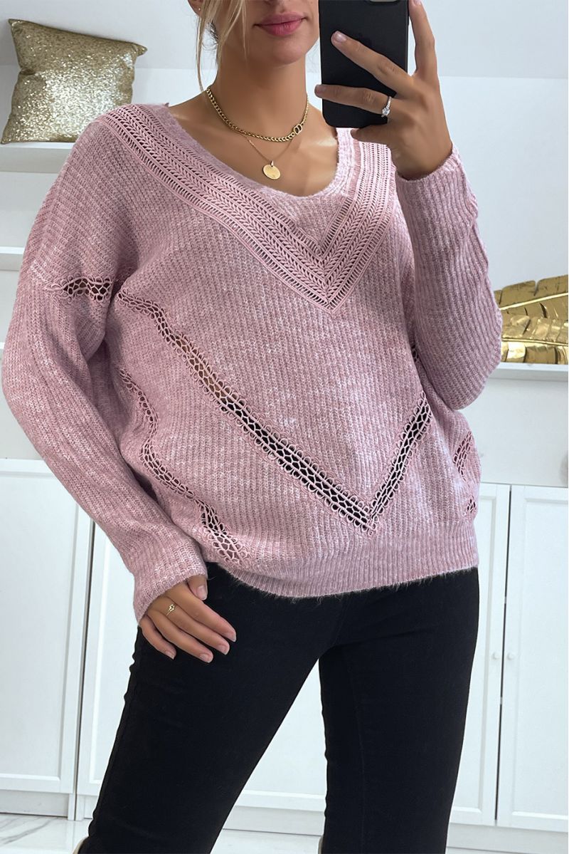 Oversized lilac V-neck sweater with lace in a beautiful soft material - 2