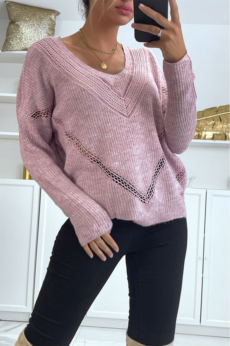 Oversized lilac V-neck sweater with lace in a beautiful soft material - 3