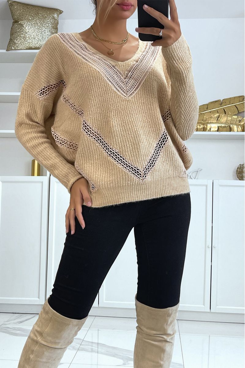 V-neck oversized taupe sweater with lace in a beautiful soft material - 1