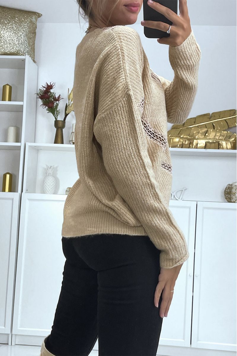 V-neck oversized taupe sweater with lace in a beautiful soft material - 4