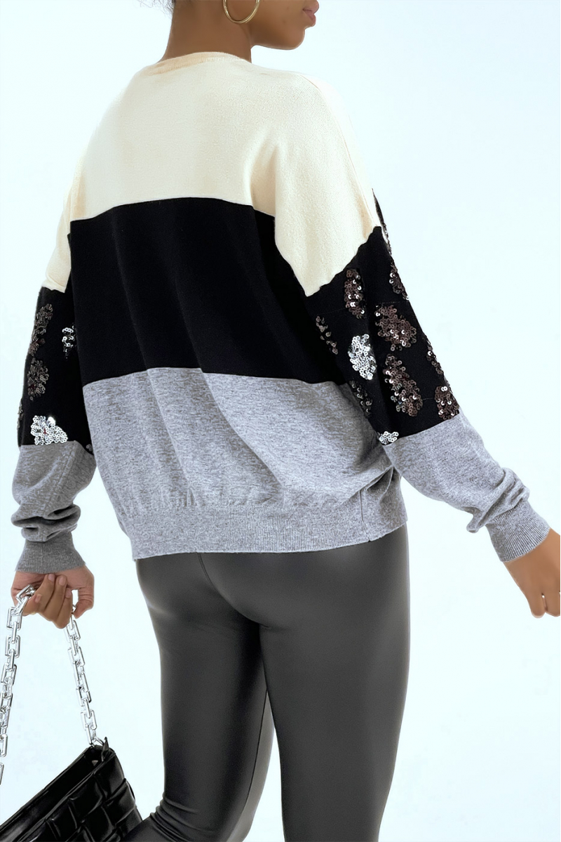 Fluid tricolor beige sweater with sequin pattern - 5