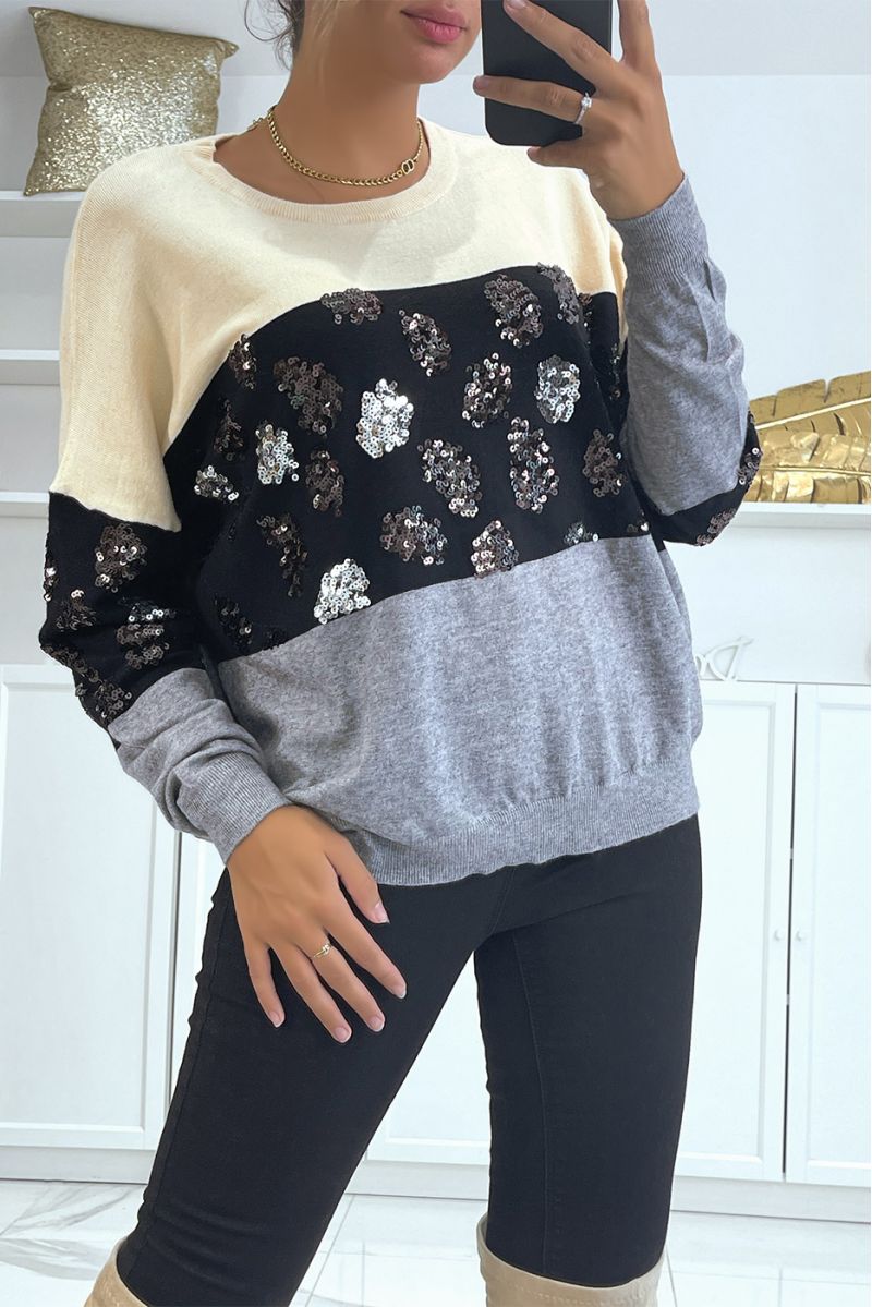 Fluid tricolor beige sweater with sequin pattern - 3