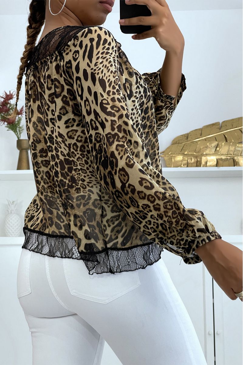 Camel leopard print blouse with lace at the bust - 3