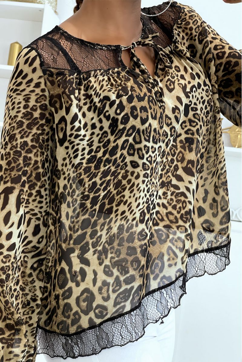 Camel leopard print blouse with lace at the bust - 4