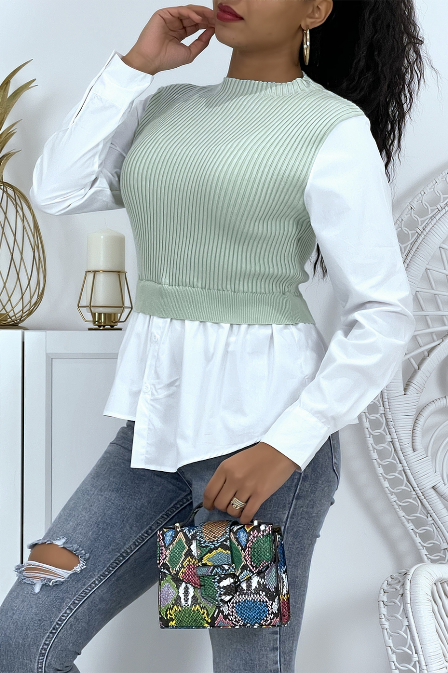Green bi-material shirt-effect top and sleeveless sweater - 7