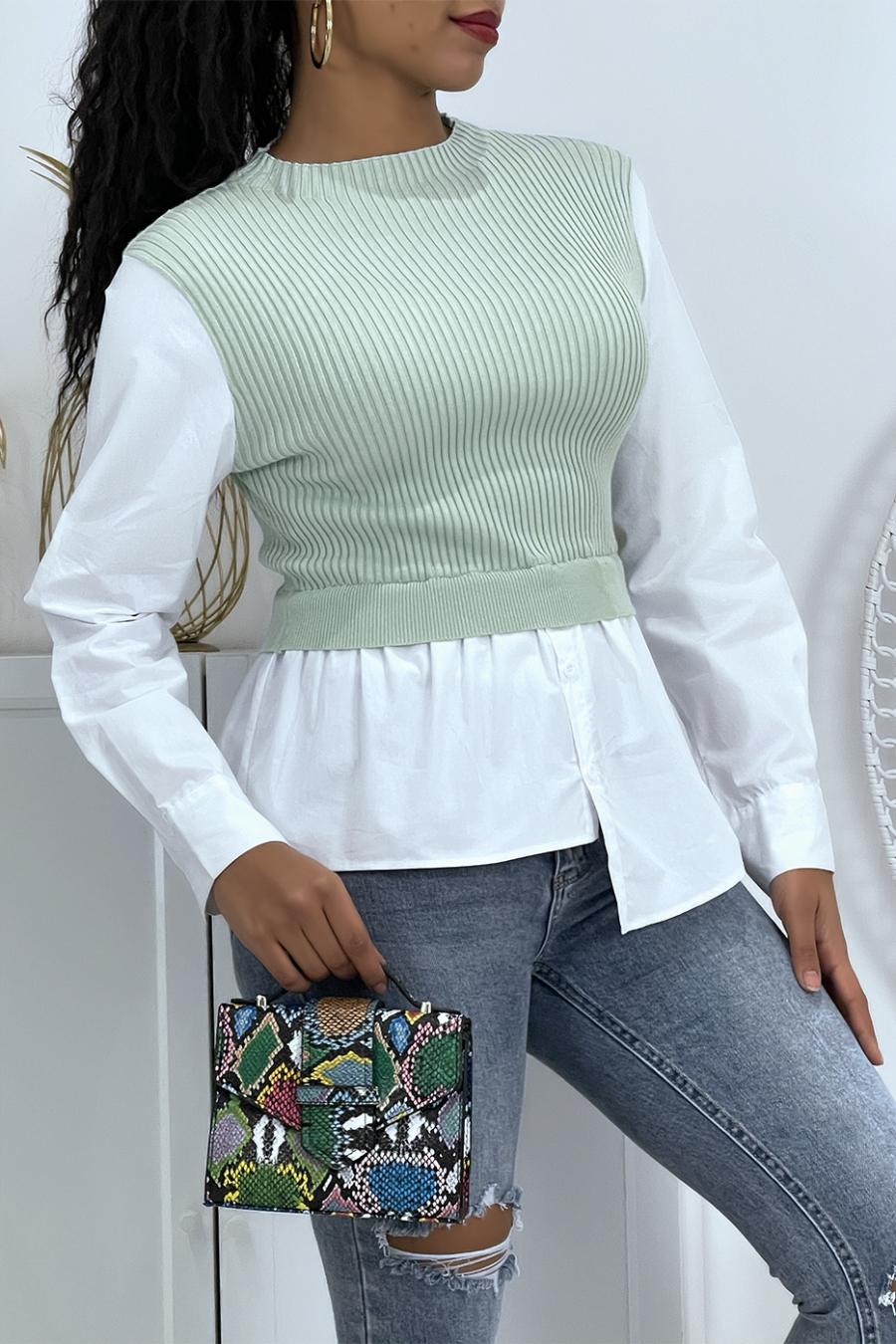 Green bi-material shirt-effect top and sleeveless sweater - 4