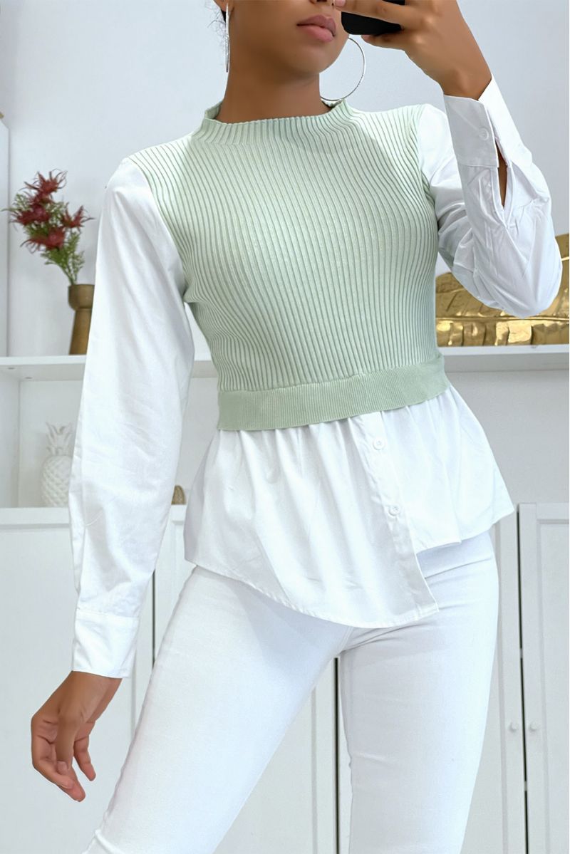 Green bi-material shirt-effect top and sleeveless sweater - 2