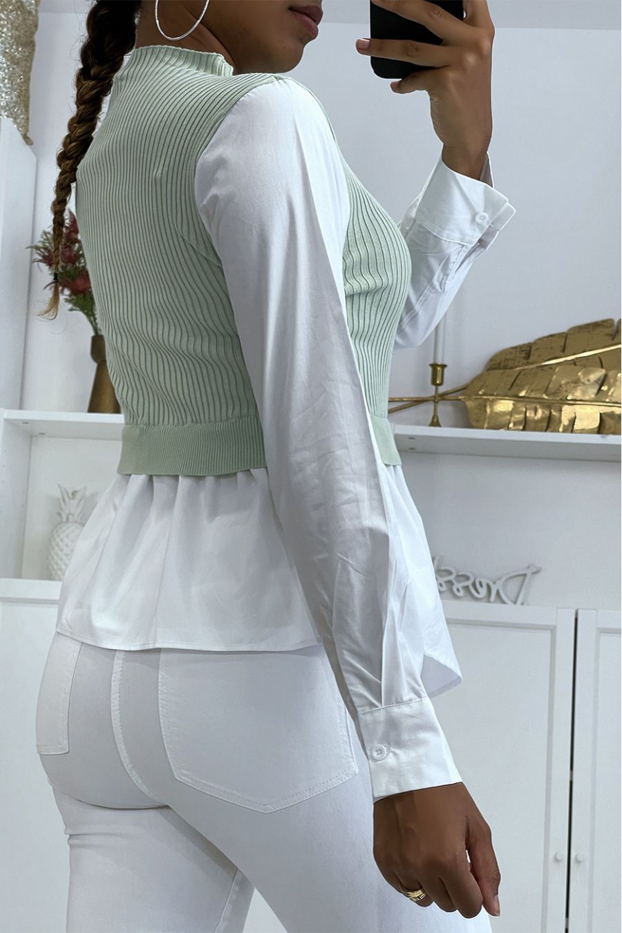 Groene bi-materiaal shirt-effect top en mouwloze trui - 3