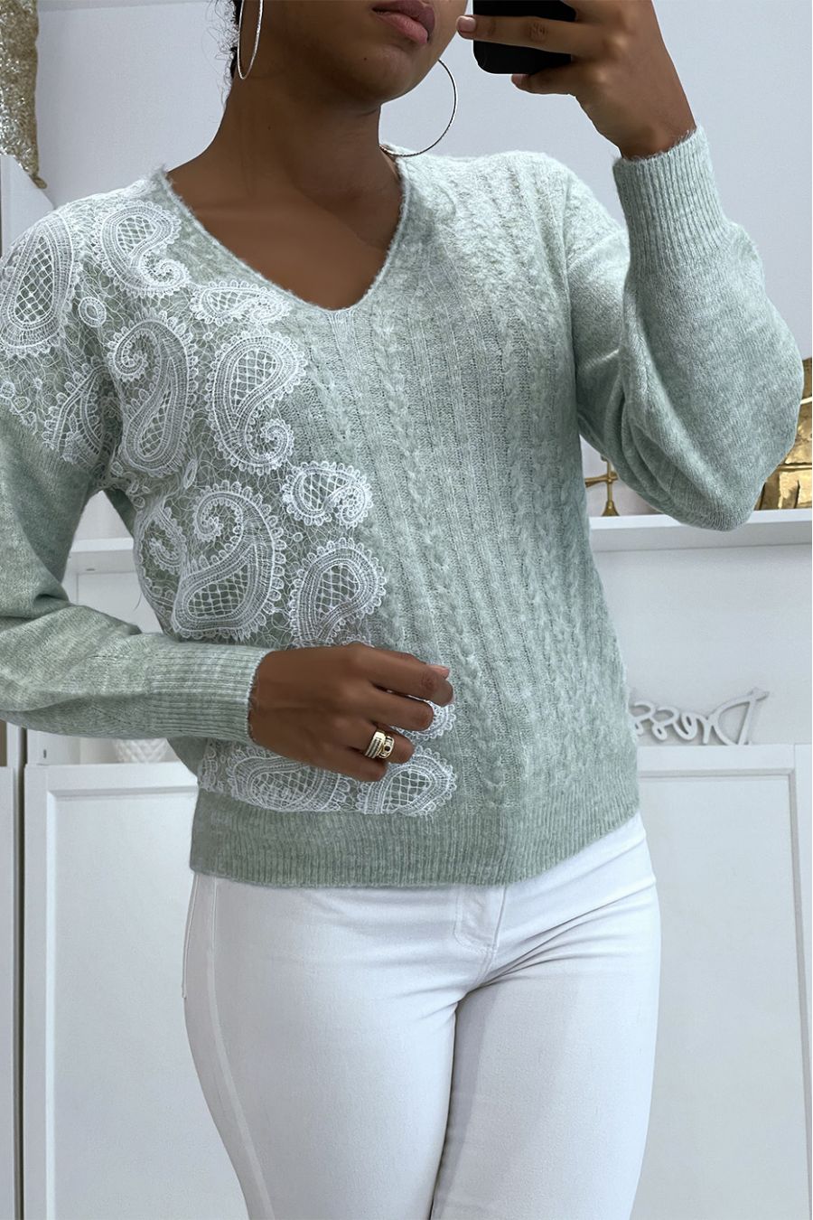 Pastel green Vneck sweater with white lace pattern