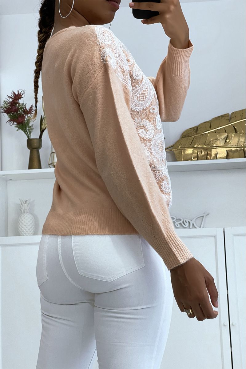 Pastel pink V-neck sweater with white lace pattern - 3