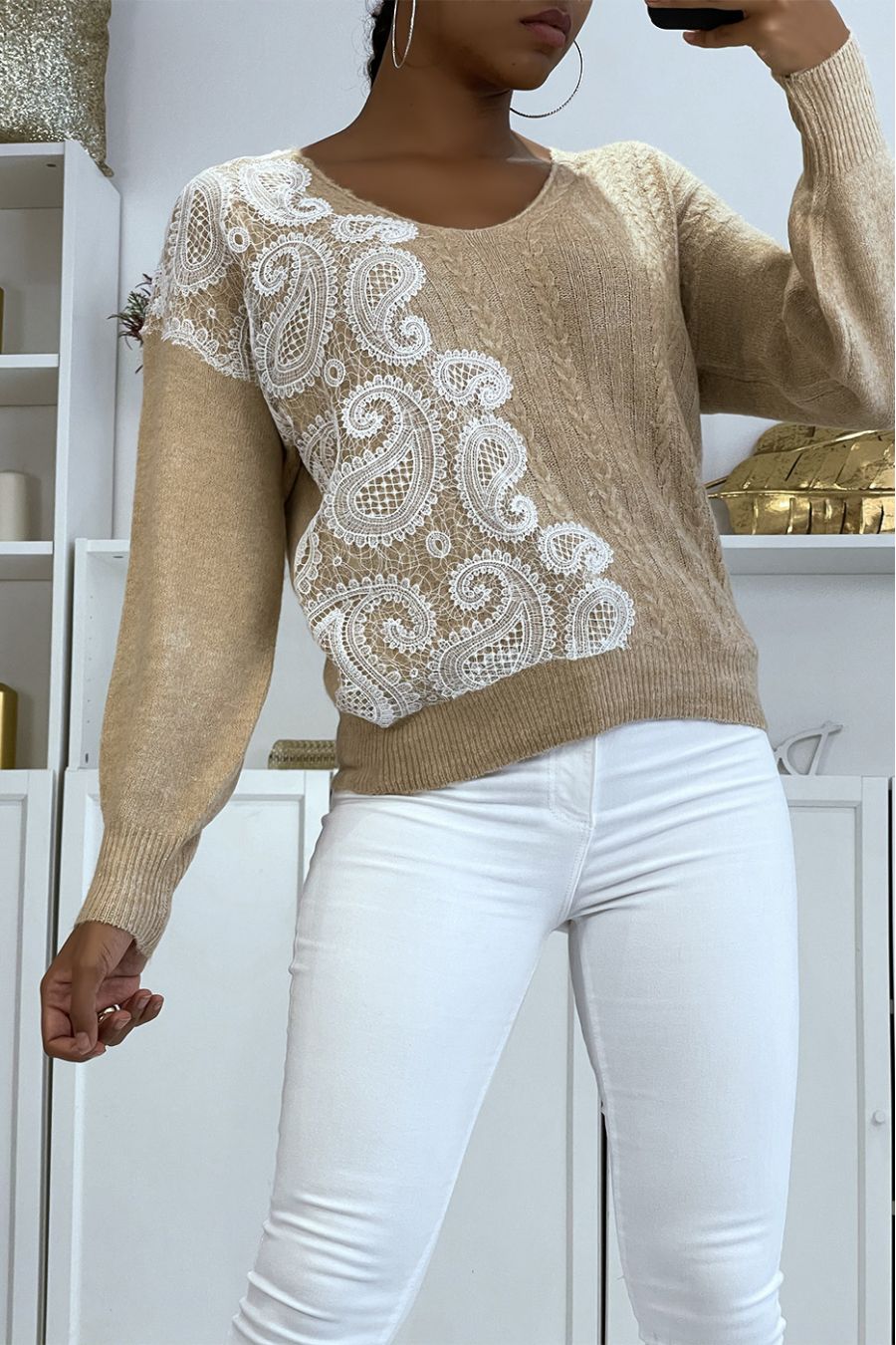 Beige V-neck sweater with white lace pattern - 1