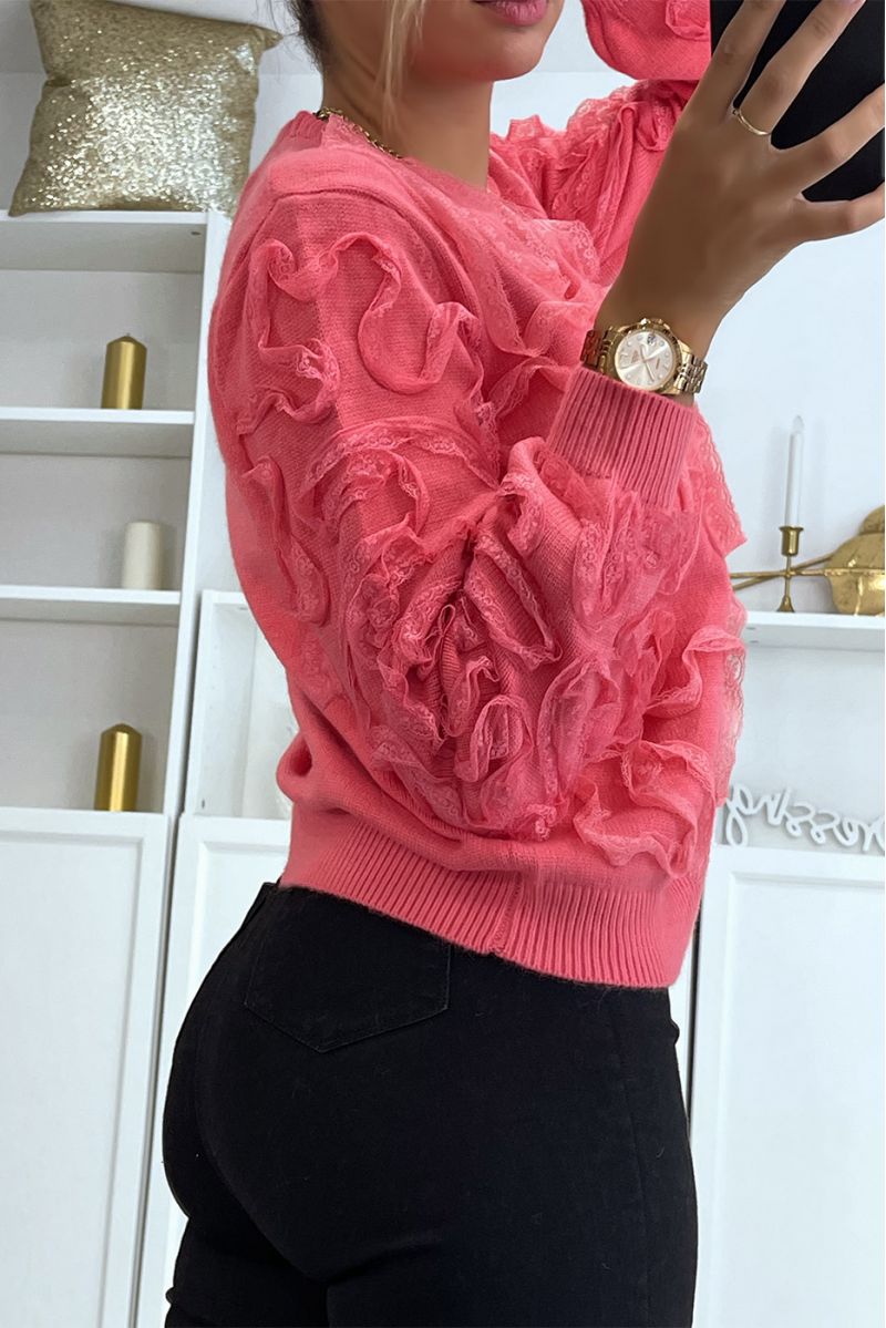Coral sweater with tulle pattern - 3