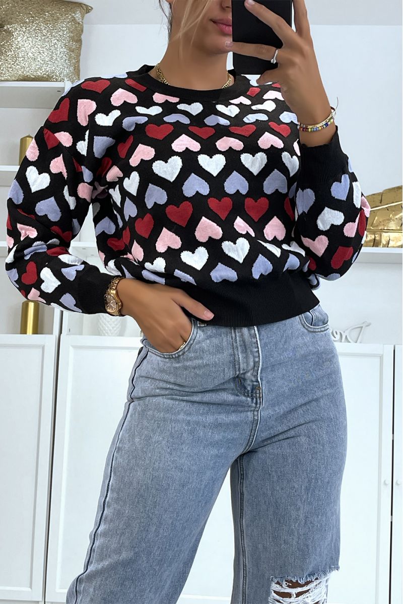 Short black sweater with hearts pattern - 1