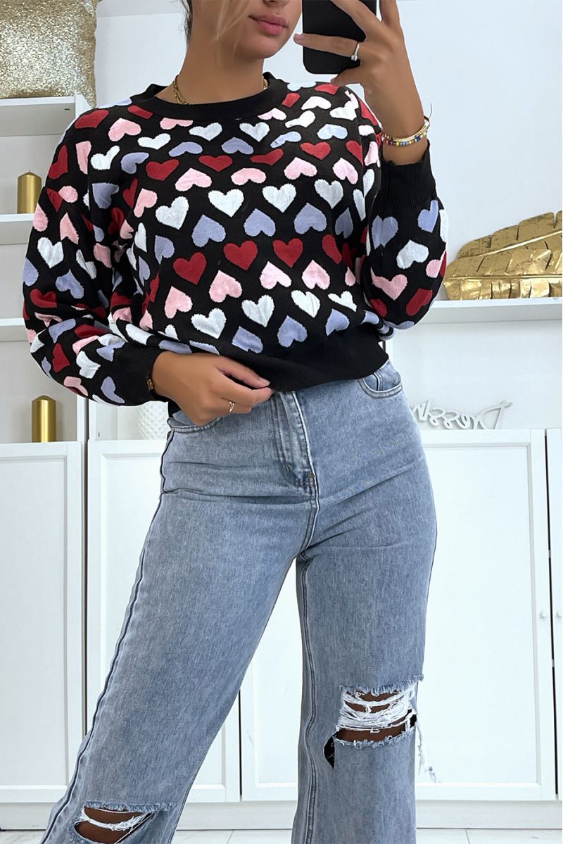 Korte zwarte sweater met hartjes patroon - 3