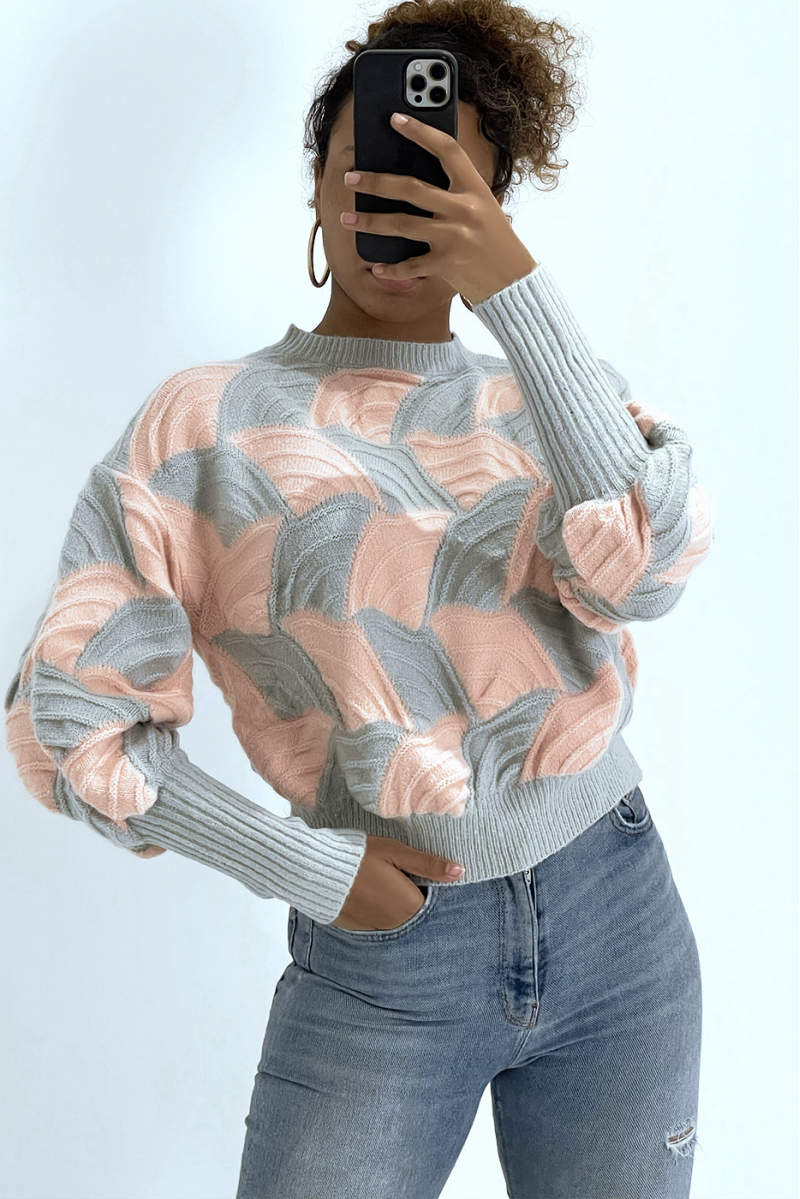 Gray and pink two-tone sweater with puffed cutout - 1