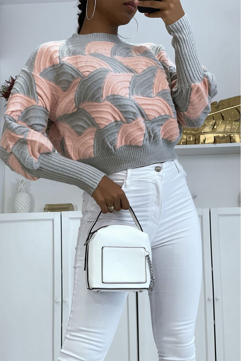 Gray and pink two-tone sweater with puffed cutout - 2