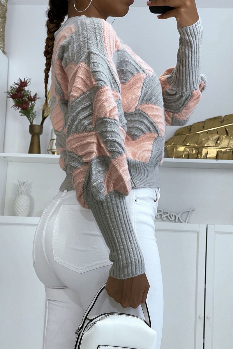 Gray and pink two-tone sweater with puffed cutout - 3