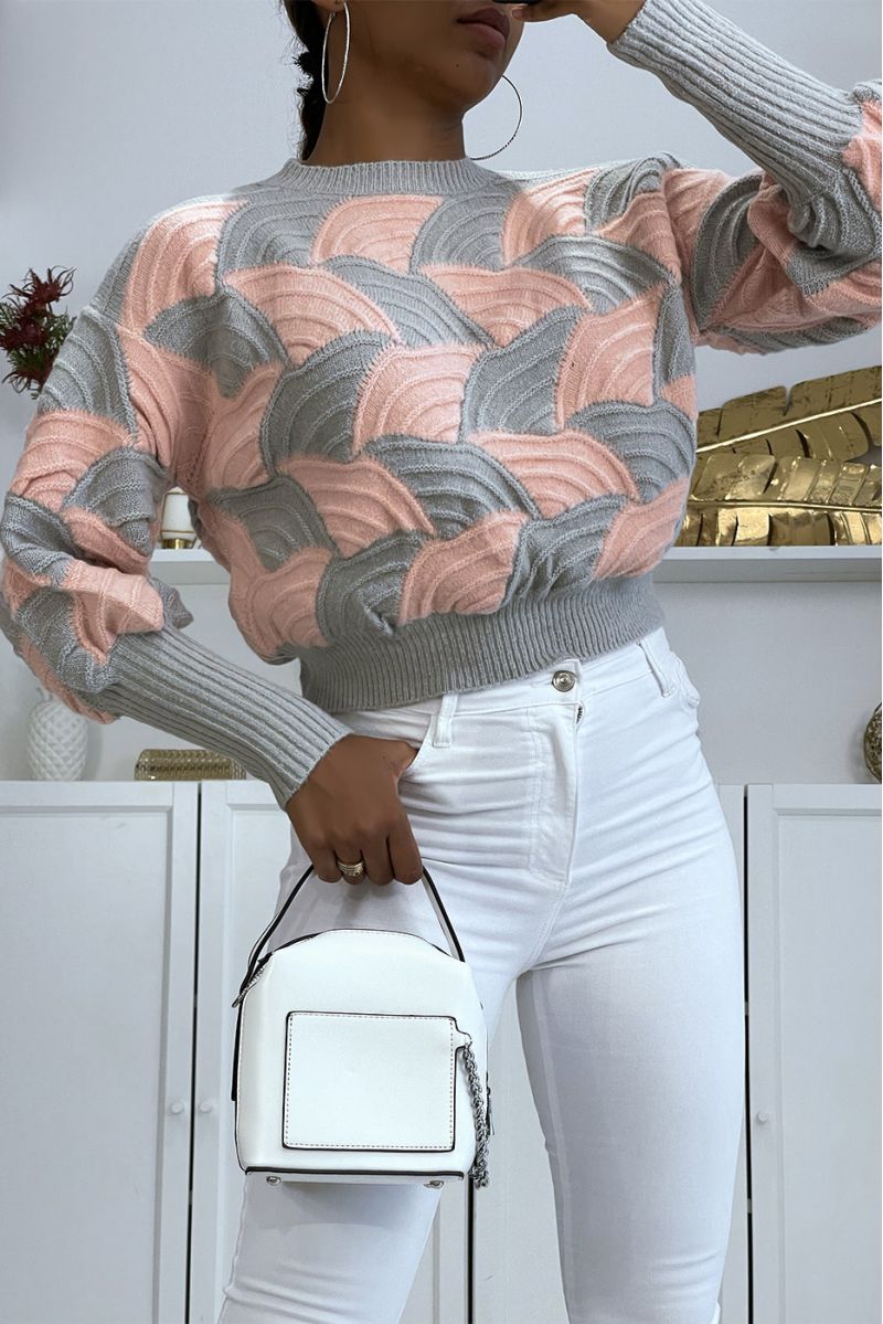Gray and pink two-tone sweater with puffed cutout - 4