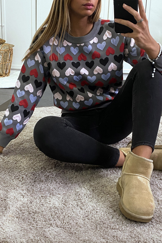 Gray cropped sweater with hearts pattern - 2