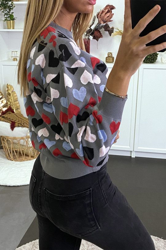 Gray cropped sweater with hearts pattern - 3