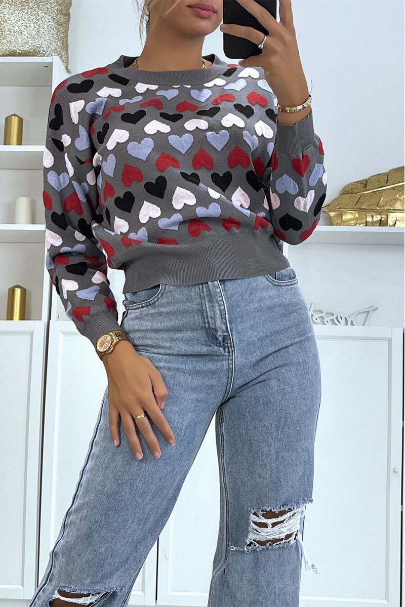 Grijze cropped sweater met hartjespatroon - 5