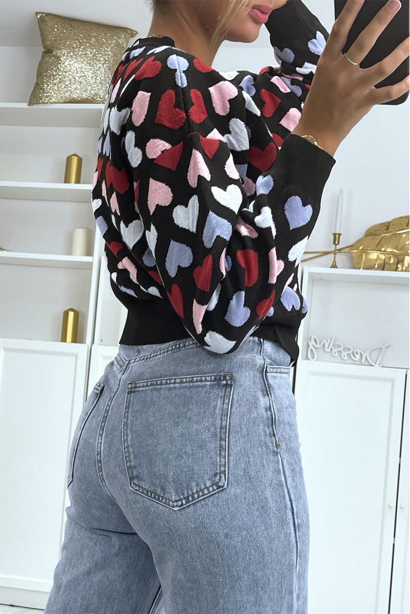 Short black sweater with hearts pattern - 8