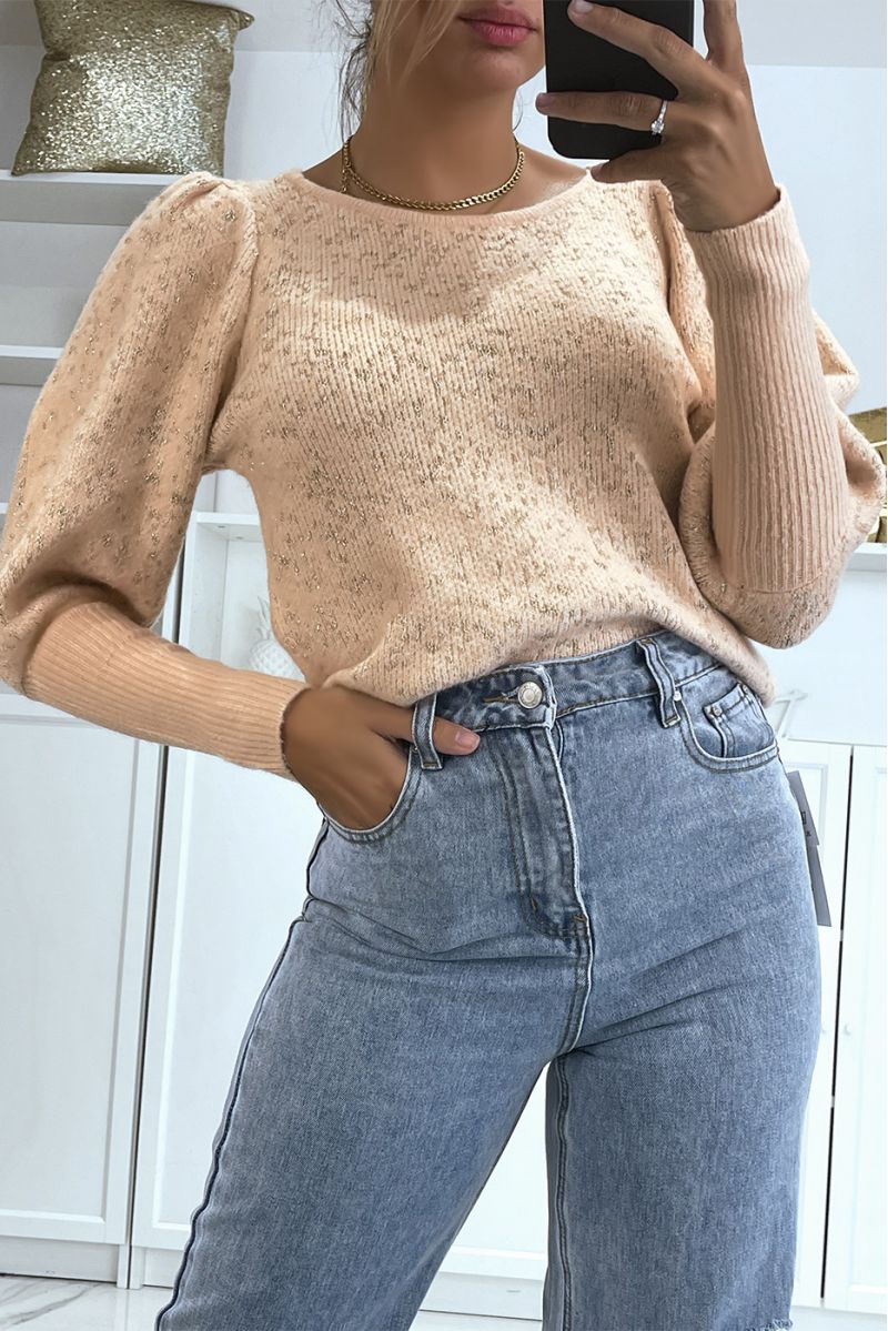 Fluffy pink sweater with shiny thread and cinched sleeves - 1