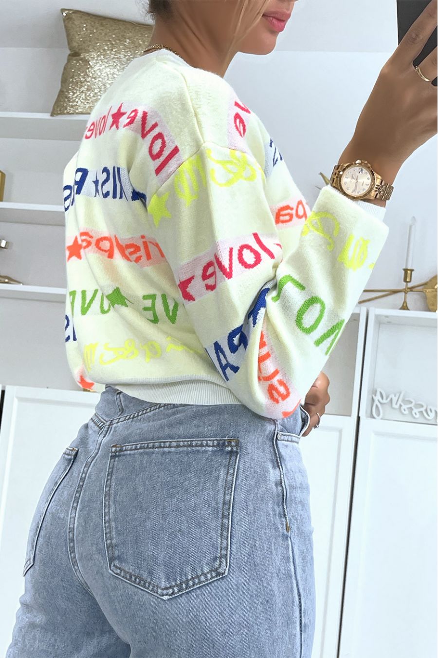 Korte beige sweater met PARIS LOVE-opschrift - 4