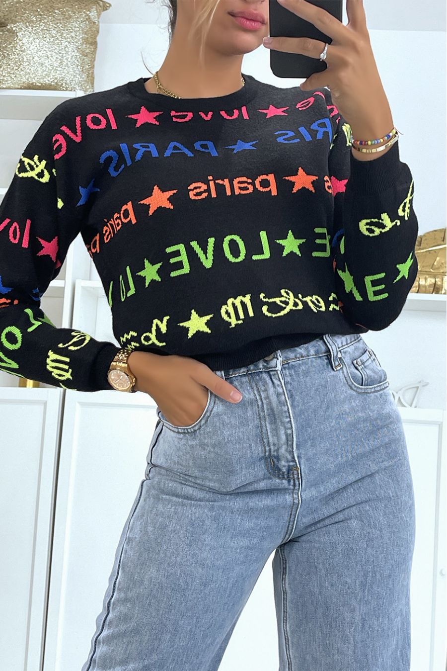 Short black sweater with PARIS LOVE lettering - 1